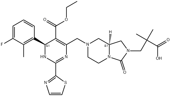 Imidazo[1,5-a]pyrazine-2(3H)-propanoic acid, 7-[[(6S)-5-(ethoxycarbonyl)-6-(3-fluoro-2-methylphenyl)-3,6-dihydro-2-(2-thiazolyl)-4-pyrimidinyl]methyl]hexahydro-α,α-dimethyl-3-oxo-, (8aS)- Structure