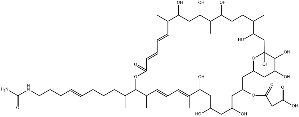 Propanedioic acid, mono[(10E,12E,18E,20E)-15-[(5E)-9-[(aminocarbonyl)amino]-1-methyl-5-nonenyl]-5,7,9,23,25,27,31,33,34,35-decahydroxy-10,14,22,26,30-pentamethyl-17-oxo-16,37-dioxabicyclo[31.3.1]heptatriaconta-10,12,18,20-tetraen-3-yl] ester, (+)- (9CI) Struktur