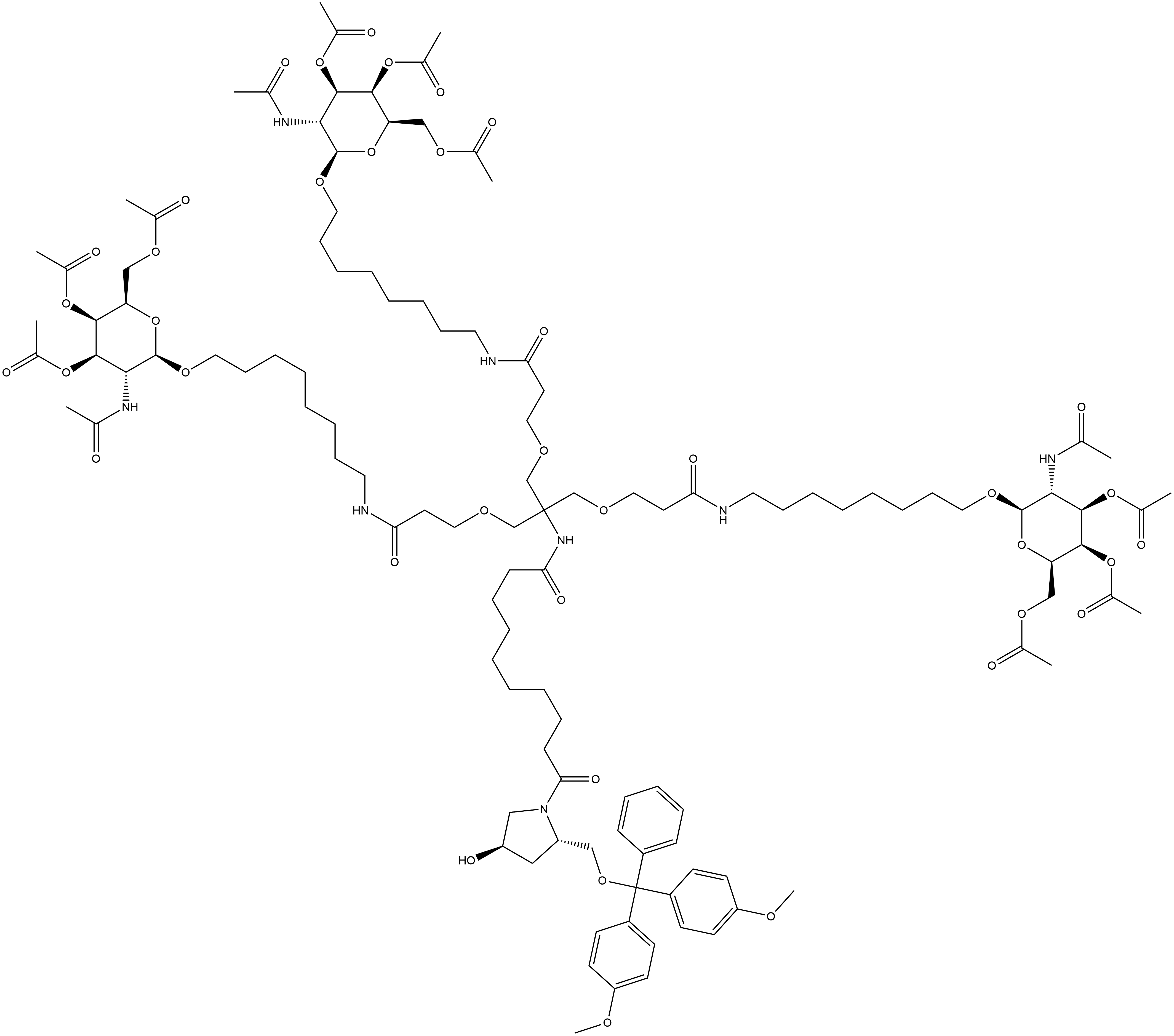 (2S,4R)-2-[[Bis(4-methoxyphenyl)phenylmethoxy]methyl]-4-hydroxy-N-[2-[3-oxo-3-[[8-[[3,4,6-tri-O-acetyl-2-(acetylamino)-2-deoxy-β-D-galactopyranosyl]oxy]octyl]amino]propoxy]-1,1-bis[[3-oxo-3-[[8-[[3,4,6-tri-O-acetyl-2-(acetylamino)-2-deoxy-β-D-galactopyranosyl]oxy]octyl]amino]propoxy]methyl]ethyl]-1-pyrrolidinedodecanamide Structure