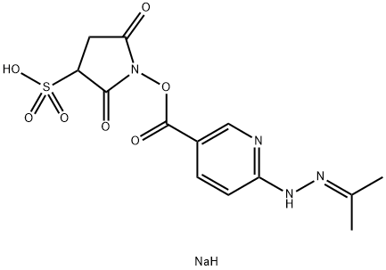 3-Pyridinecarboxylic acid, 6-[2-(1-methylethylidene)hydrazinyl]-, 2,5-dioxo-3-sulfo-1-pyrrolidinyl ester, sodium salt (1:1) Structure