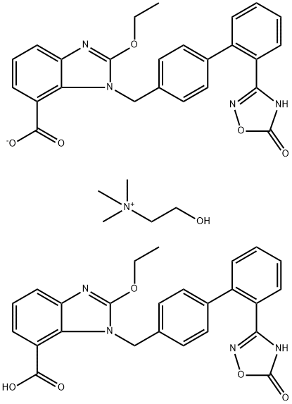 Ethanaminium, 2-hydroxy-N,N,N-trimethyl-, 1-[[2'-(2,5-dihydro-5-oxo-1,2,4-oxadiazol-3-yl)[1,1'-biphenyl]-4-yl]methyl]-2-ethoxy-1H-benzimidazole-7-carboxylate, compd. with 1-[[2'-(2,5-dihydro-5-oxo-1,2,4-oxadiazol-3-yl)[1,1'-biphenyl]-4-yl]methyl]-2-ethoxy-1H-benzimidazole-7-carboxylate (1:1:1) Structure