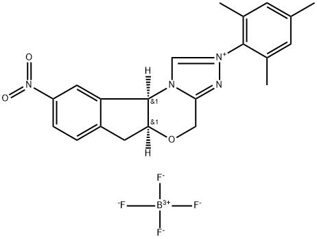 4H,6H-Indeno[2,1-b][1,2,4]triazolo[4,3-d][1,4]oxazinium, 5a,10b-dihydro-9-nitro-2-(2,4,6-trimethylphenyl)-, (5aS,10bR)-, tetrafluoroborate(1-) (1:1) Struktur