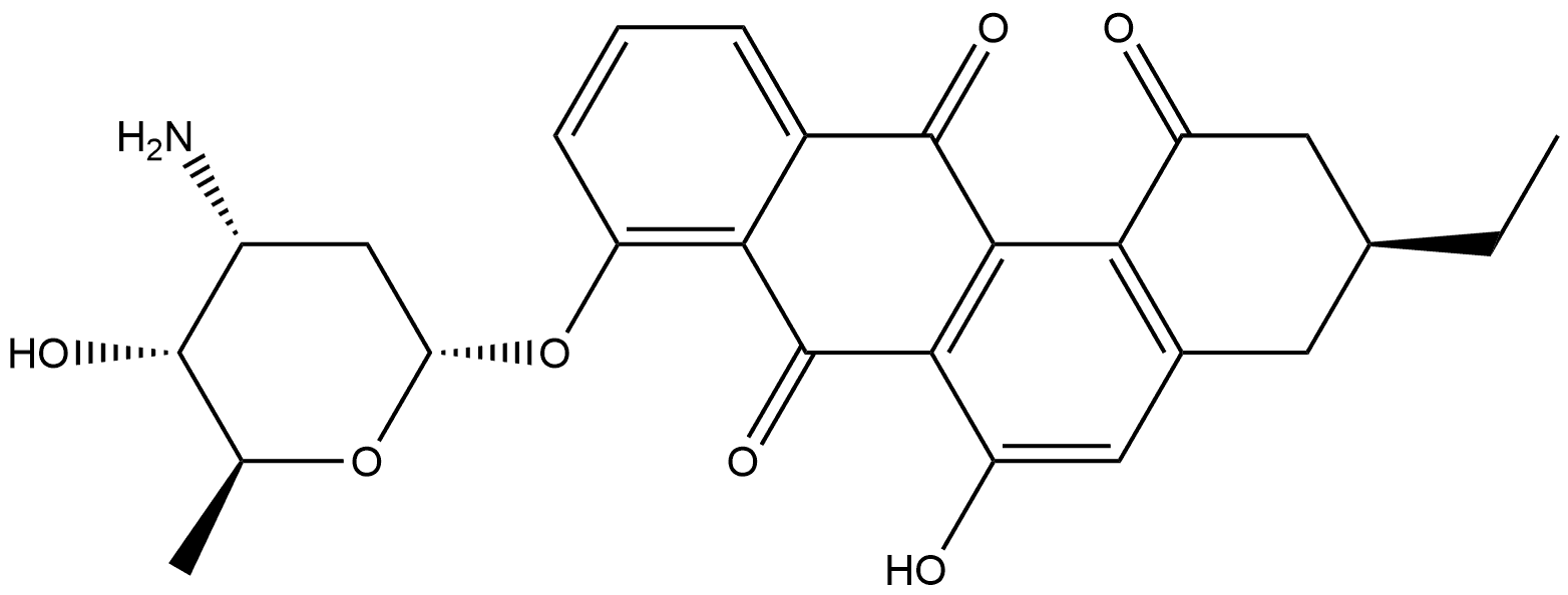 Benz[a]anthracene-1,7,12(2H)-trione, 8-[(3-amino-2,3,6-trideoxy-α-L-ribo-hexopyranosyl)oxy]-3-ethyl-3,4-dihydro-6-hydroxy-, (3S)- Structure