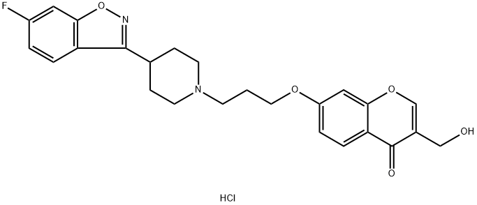 4H-1-Benzopyran-4-one, 7-[3-[4-(6-fluoro-1,2-benzisoxazol-3-yl)-1-piperidinyl]propoxy]-3-(hydroxymethyl)-, hydrochloride (1:1) Structure