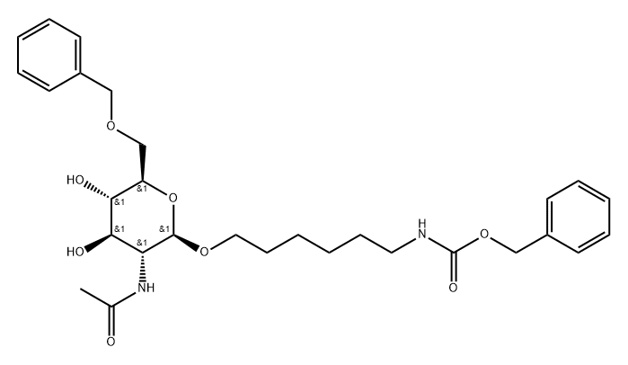 Carbamic acid, 6-2-(acetylamino)-2-deoxy-6-O-(phenylmethyl)-.beta.-D-glucopyranosyloxyhexyl-, phenylmethyl ester Structure