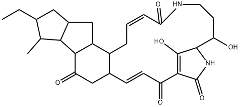 9,12-Metheno-12H-cyclopent[1,2]indeno[4,5-k][1,6]diazacycloheptadecine-4,11,13,17-tetrone, 19-ethyl-1,5,6,7,8,9,10,15a,16,17a,17b,18,19,20,20a,21,21a,21b-octadecahydro-8,22-dihydroxy-18-methyl-, (2Z,14E)- (9CI) Struktur