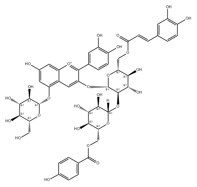 矢车菊素-3-O-[6-O-反式-咖啡酰-(6-O-P-苯甲酰-2-O-Β-葡萄糖苷)]-Β-葡萄糖苷)-5-O-Β-葡萄糖苷, 185044-11-5, 结构式