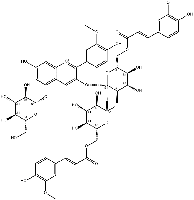 Peonidin-3-O-[6-O-(E)-Caffeoyl-2-O-{6-O-(E)-Ferulyl-β-D-glucoside}-β-D-glucoside]-5-O-β-D-glucoside Struktur