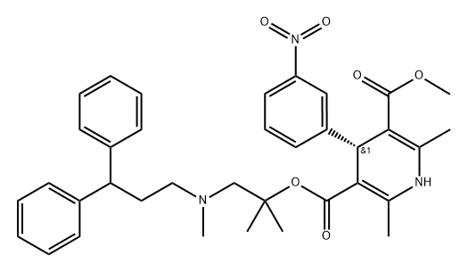 3,5-Pyridinedicarboxylic acid, 1,4-dihydro-2,6-dimethyl-4-(3-nitrophenyl)-, 3-[2-[(3,3-diphenylpropyl)methylamino]-1,1-dimethylethyl] 5-methyl ester, (4R)- 化学構造式