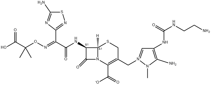 1H-Pyrazolium, 5-amino-4-[[[(2-aminoethyl)amino]carbonyl]amino]-2-[[(6R,7R)-7-[[(2E)-2-(5-amino-1,2,4-thiadiazol-3-yl)-2-[(1-carboxy-1-methylethoxy)imino]acetyl]amino]-2-carboxy-8-oxo-5-thia-1-azabicyclo[4.2.0]oct-2-en-3-yl]methyl]-1-methyl-, inner salt Struktur