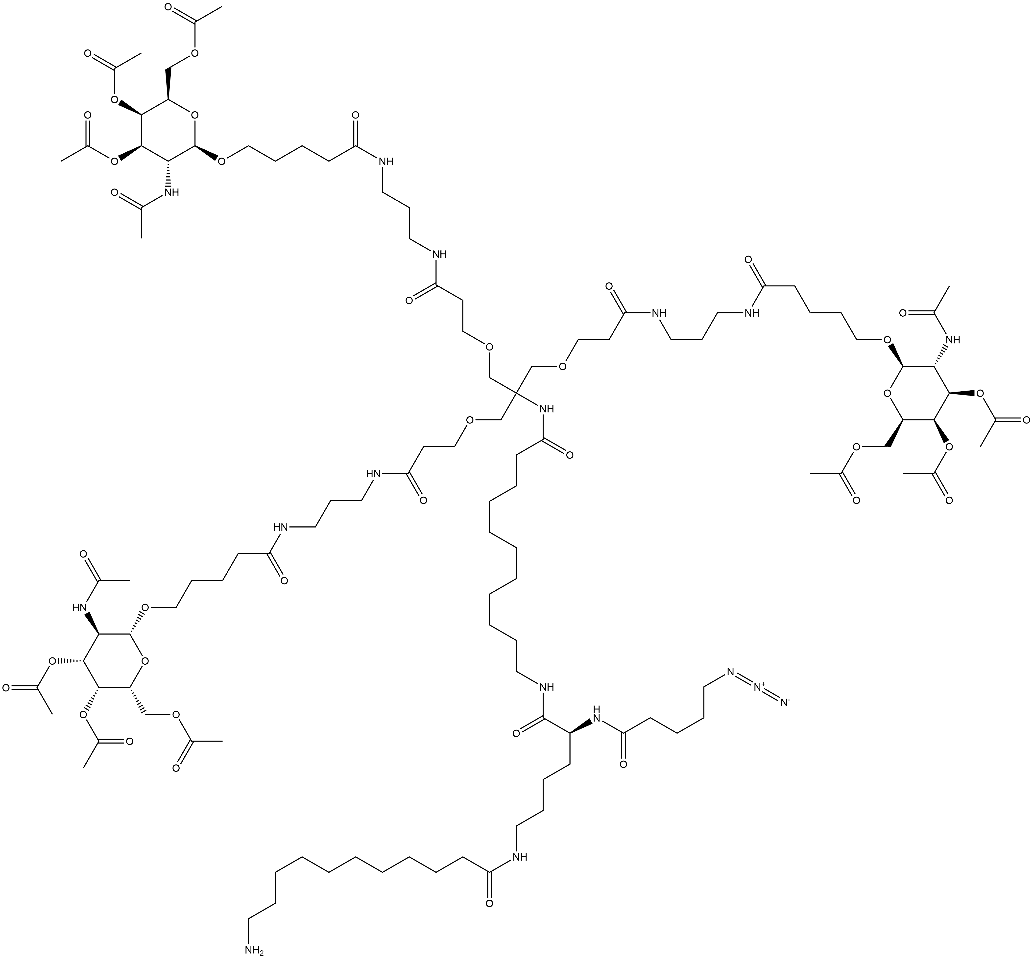 (21S)-37-Amino-8,20,27-trioxo-6,6-bis[[3-oxo-3-[[3-[[1-oxo-5-[[3,4,6-tri-O-acetyl-2-(acetylamino)-2-deoxy-β-D-galactopyranosyl]oxy]pentyl]amino]propyl]amino]propoxy]methyl]-N-[3-[[1-oxo-5-[[3,4,6-tri-O-acetyl-2-(acetylamino)-2-deoxy-β-D-galactopyranosyl]oxy]pentyl]amino]propyl]-4-oxa-7,19,26-triazaheptatriacontanamide 结构式