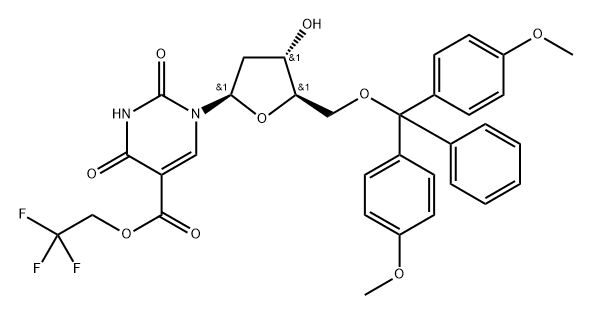 5-Pyrimidinecarboxylic acid, 1-[5-O-[bis(4-methoxyphenyl)phenylmethyl]-2-deoxy-β-D-erythro-pentofuranosyl]-1,2,3,4-tetrahydro-2,4-dioxo-, 2,2,2-trifluoroethyl ester Structure