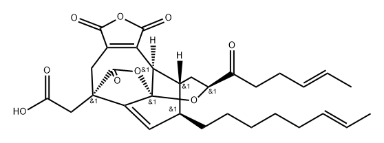 11,5,7a-[2]Propen[1]yl[3]ylidene-3H,7aH-furo[3,4-d]pyrano[2,3-b]oxocin-5(6H)-acetic acid, 1,4,9,10,11,11a-hexahydro-12-(6E)-6-octen-1-yl-1,3,6-trioxo-9-[(4E)-1-oxo-4-hexen-1-yl]-, (5S,7aS,9S,11R,11aR,12R)-,186700-09-4,结构式