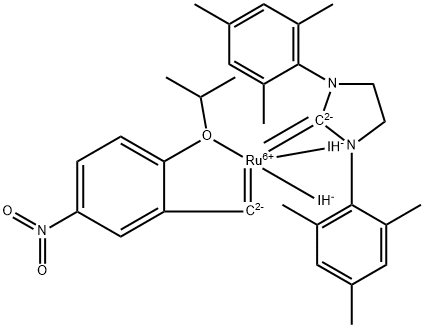 [1,3-Bis(2,4,6-trimethylphenyl)imidazolidin-2-ylidene)-(2-i-propoxy-5-nitrobenzylidene) ruthenium(II) diiodide nitro-Grela I2 Struktur