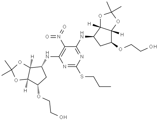 rac-2,2'-(((3aR,3a'R,4R,4'R,6S,6aS,6'S,6a'S)-((5-nitro-2-(propylthio)pyrimidine-4,6-diyl)bis(azanediyl))bis(2,2-dimethyltetrahydro-4H-cyclopenta[d][1,3]dioxole-6,4-diyl))bis(oxy))bis(ethan-1-ol) 化学構造式