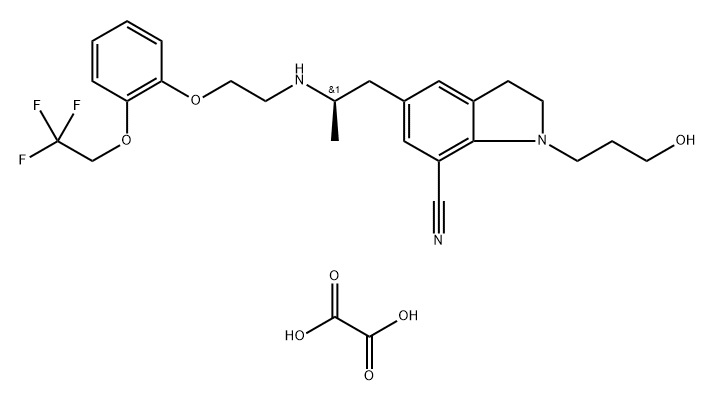 1H-Indole-7-carbonitrile, 2,3-dihydro-1-(3-hydroxypropyl)-5-[(2R)-2-[[2-[2-(2,2,2-trifluoroethoxy)phenoxy]ethyl]amino]propyl]-, ethanedioate (1:1) Structure