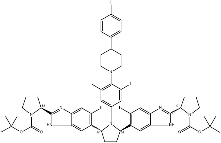 (2S,2'S)-[[(2R, 5R)-1-[3,5-difluoro-4-(4-(4- fluorophenyl)-1-piperidinyl)phenyl]-2,5-pyrrolidinediyl]bis[6-fluoro-2-(2S)-2-pyrrolidinyl 1H-benzimidzol e-2,5-diyl)]bis(1-pyrrolidinecarboxylic acid, 1,1'-bis(1,1'-dimethylethyl)ester Struktur