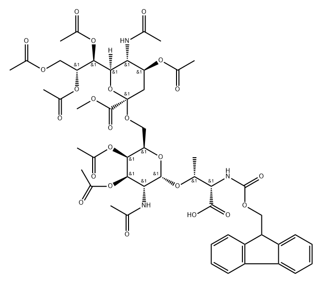 L-Threonine, O-[3,4-di-O-acetyl-2-(acetylamino)-6-O-(N-acetyl-4,7,8,9-tetra-O-acetyl-1-methyl-α-neuraminosyl)-2-deoxy-α-D-galactopyranosyl]-N-[(9H-fluoren-9-ylmethoxy)carbonyl]- Struktur