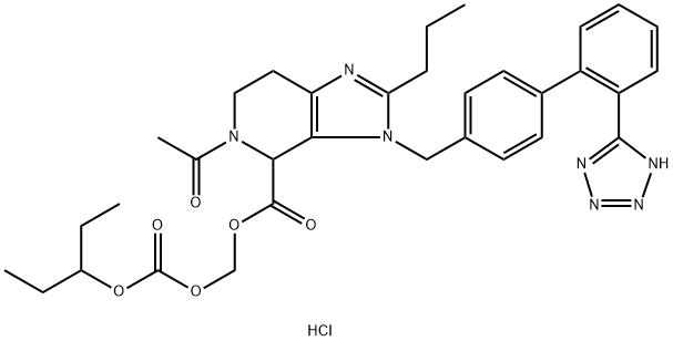 3H-Imidazo[4,5-c]pyridine-4-carboxylic acid, 5-acetyl-4,5,6,7-tetrahydro-2-propyl-3-[[2'-(2H-tetrazol-5-yl)[1,1'-biphenyl]-4-yl]methyl]-, [[(1-ethylpropoxy)carbonyl]oxy]methyl ester, hydrochloride (1:1) Struktur