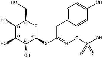 1-S-[1-(スルホオキシイミノ)-2-(4-ヒドロキシフェニル)エチル]-1-チオ-β-D-グルコピラノース 化学構造式