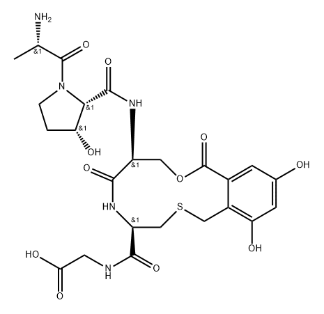 Glycine, L-alanyl-(3R)-3-hydroxy-L-prolyl-O-[3,5-dihydroxy-2-(mercaptomethyl)benzoyl]-L-seryl-L-cysteinyl-, cyclic (3→4)-thioether (9CI) Struktur