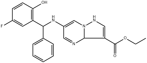 Pyrazolo[1,5-a]pyrimidine-3-carboxylic acid, 6-[[(5-fluoro-2-hydroxyphenyl)phenylmethyl]amino]-1,3a-dihydro-, ethyl ester Structure