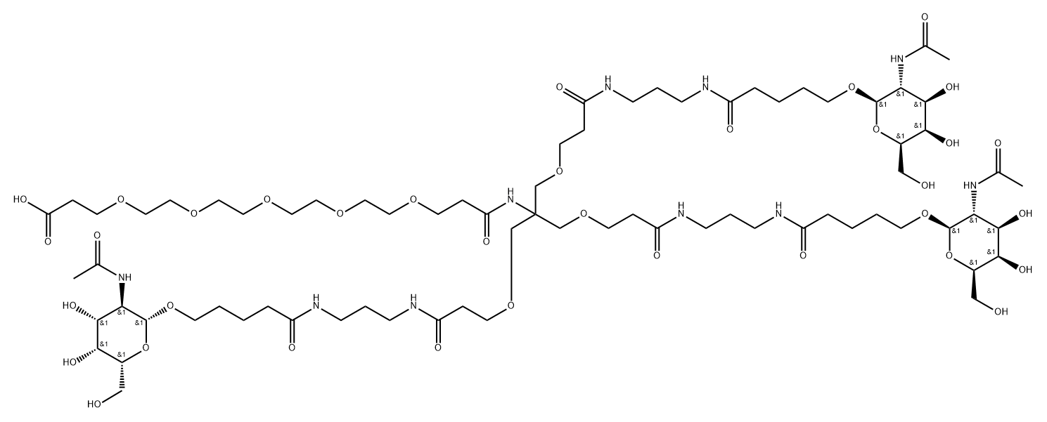 4,11,14,17,20,23-Hexaoxa-7-azapentacosanamide, N-[3-[[5-[[2-(acetylamino)-2-deoxy-β-D-galactopyranosyl]oxy]-1-oxopentyl]amino]propyl]-6,6-bis[[3-[[3-[[5-[[2-(acetylamino)-2-deoxy-β-D-galactopyranosyl]oxy]-1-oxopentyl]amino]propyl]amino]-3-oxopropoxy]methyl]-25-hydroxy-8-oxo- Struktur