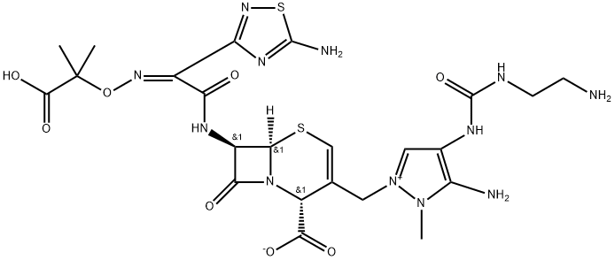 1H-Pyrazolium, 5-amino-4-[[[(2-aminoethyl)amino]carbonyl]amino]-2-[[(2R,6R,7R)-7-[[(2Z)-2-(5-amino-1,2,4-thiadiazol-3-yl)-2-[(1-carboxy-1-methylethoxy)imino]acetyl]amino]-2-carboxy-8-oxo-5-thia-1-azabicyclo[4.2.0]oct-3-en-3-yl]methyl]-1-methyl-, inner salt Struktur