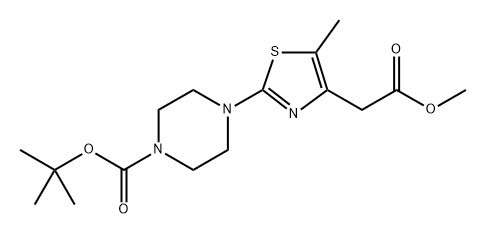 4-(4-Methoxycarbonylmethyl-5-methyl-thiazol-2-yl)-piperazine-1-carboxylic acid tert-butyl ester Struktur