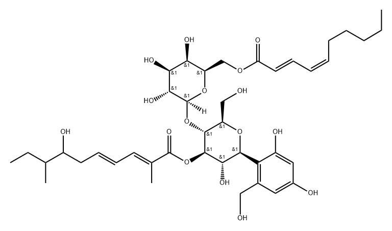 D-Glucitol, 1,5-anhydro-1-C-[2,4-dihydroxy-6-(hydroxymethyl)phenyl]-4-O-[6-O-[(2E,4Z)-1-oxo-2,4-decadienyl]-β-D-galactopyranosyl]-, 3-[(2E,4E)-7-hydroxy-2,8-dimethyl-2,4-decadienoate], (1S)-|棒盘康定
