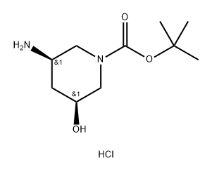 1-Piperidinecarboxylic acid, 3-amino-5-hydroxy-, 1,1-dimethylethyl ester, hydrochloride (1:1), (3R,5S)-rel- Structure
