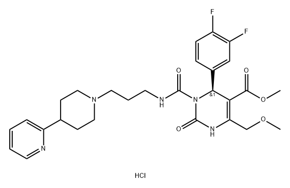 5-Pyrimidinecarboxylic acid, 6-(3,4-difluorophenyl)-1,2,3,6-tetrahydro-4-(methoxymethyl)-2-oxo-1-[[[3-[4-(2-pyridinyl)-1-piperidinyl]propyl]amino]carbonyl]-, methyl ester, hydrochloride (1:2), (6S)- Structure