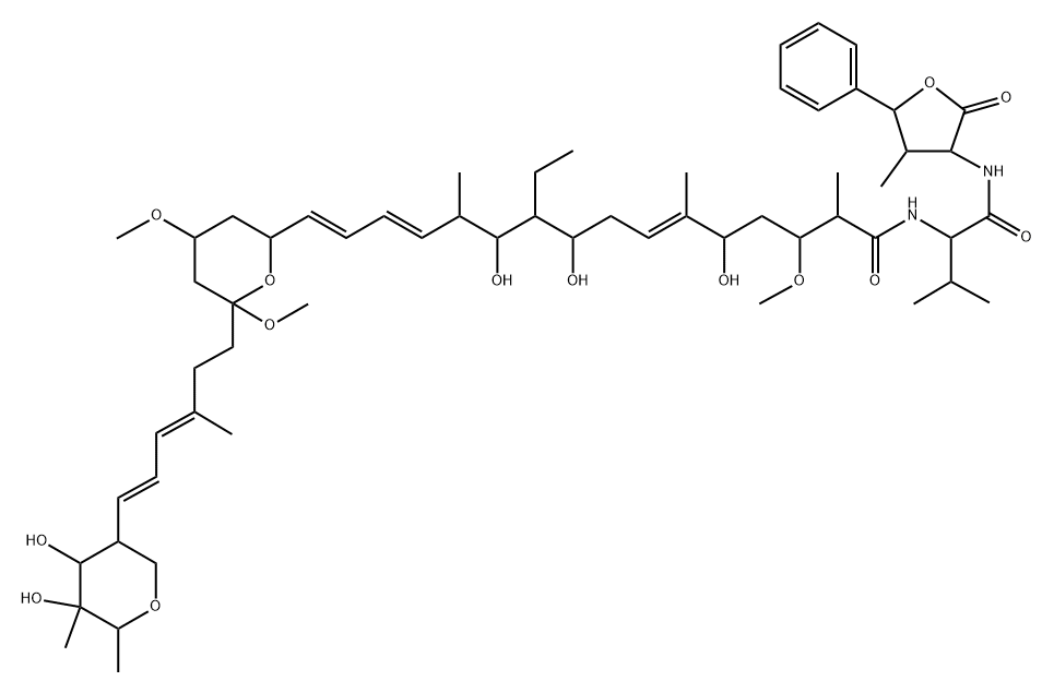 Hexitol, 1,5-anhydro-2,6-dideoxy-2-[(1E,3E)-6-[6-[(1E,3E)-7-ethyl-6,8,12-trihydroxy-14-methoxy-5,11,15-trimethyl-16-[[2-methyl-1-[[(tetrahydro-4-methyl-2-oxo-5-phenyl-3-furanyl)amino]carbonyl]propyl]amino]-16-oxo-1,3,10-hexadecatrienyl]tetrahydro-2,4-dimethoxy-2H-pyran-2-yl]-4-methyl-1,3-hexadienyl]-4-C-methyl- Structure