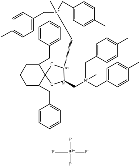 6,10-ジベンジル-N,N'-ジメチル-N,N,N',N'-テトラキス(4-メチルベンジル)-1,4-ジオキサスピロ[4.5]デカン-(2R,3R)-ジイルビス(メチルアンモニウム)ビス(テトラフルオロボラート) 化学構造式