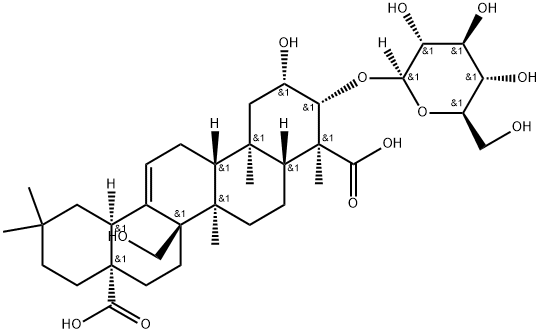 2β,27-ジヒドロキシ-3β-(β-D-グルコピラノシルオキシ)オレアナ-12-エン-23,28-二酸 化学構造式