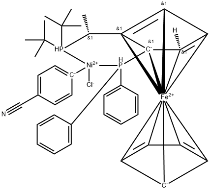 Chloro(4-cyanophenyl)[(R)-1-[(S)-2-(diphenylphosphino)ferrocenyl]ethylditertbutylphosphine]nickel(II) Struktur