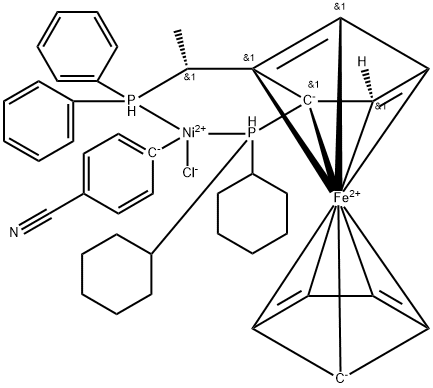 Chloro(4-cyanophenyl){(R)-1-[(S)-2-(dicyclohexylphosphino)ferrocenyl]ethyl (diphenylphosphine)}nickel(II) Struktur