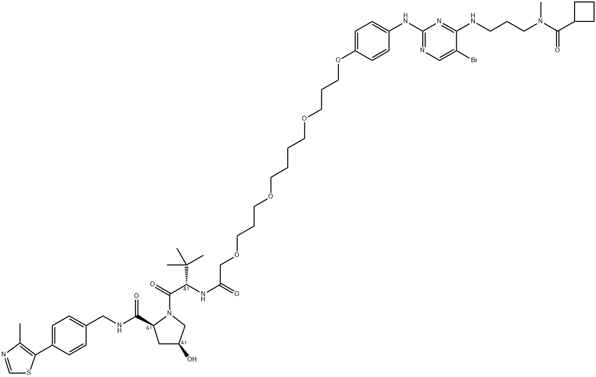 L-Prolinamide, N-[2-[3-[4-[3-[4-[[5-bromo-4-[[3-[(cyclobutylcarbonyl)methylamino]propyl]amino]-2-pyrimidinyl]amino]phenoxy]propoxy]butoxy]propoxy]acetyl]-3-methyl-L-valyl-4-hydroxy-N-[[4-(4-methyl-5-thiazolyl)phenyl]methyl]-, (4S)- Structure