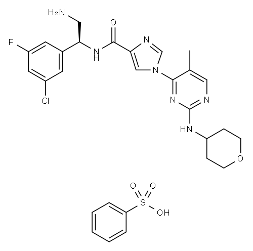 1H-Imidazole-4-carboxamide, N-[(1S)-2-amino-1-(3-chloro-5-fluorophenyl)ethyl]-1-[5-methyl-2-[(tetrahydro-2H-pyran-4-yl)amino]-4-pyrimidinyl]-, compd. with benzenesulfonate (1:1) Structure