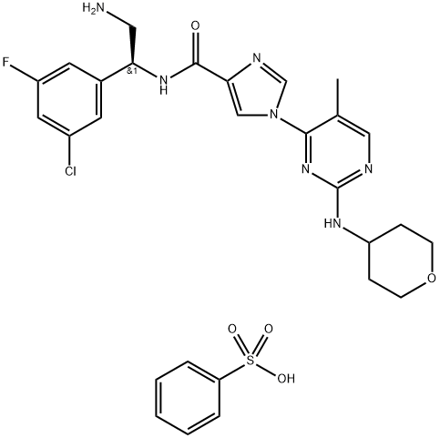 1H-Imidazole-4-carboxamide, N-[(1S)-2-amino-1-(3-chloro-5-fluorophenyl)ethyl]-1-[5-methyl-2-[(tetrahydro-2H-pyran-4-yl)amino]-4-pyrimidinyl]-, compd. with benzenesulfonate (1:1) Structure