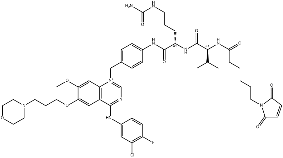 L-Ornithinamide, N-[6-(2,5-dihydro-2,5-dioxo-1H-pyrrol-1-yl)-1-oxohexyl]-L-valyl-N5-(aminocarbonyl)-N-[4-[[4-[(3-chloro-4-fluorophenyl)amino]-7-methoxy-6-[3-(4-morpholinyl)propoxy]quinazolinium-1-yl]methyl]phenyl]- Structure