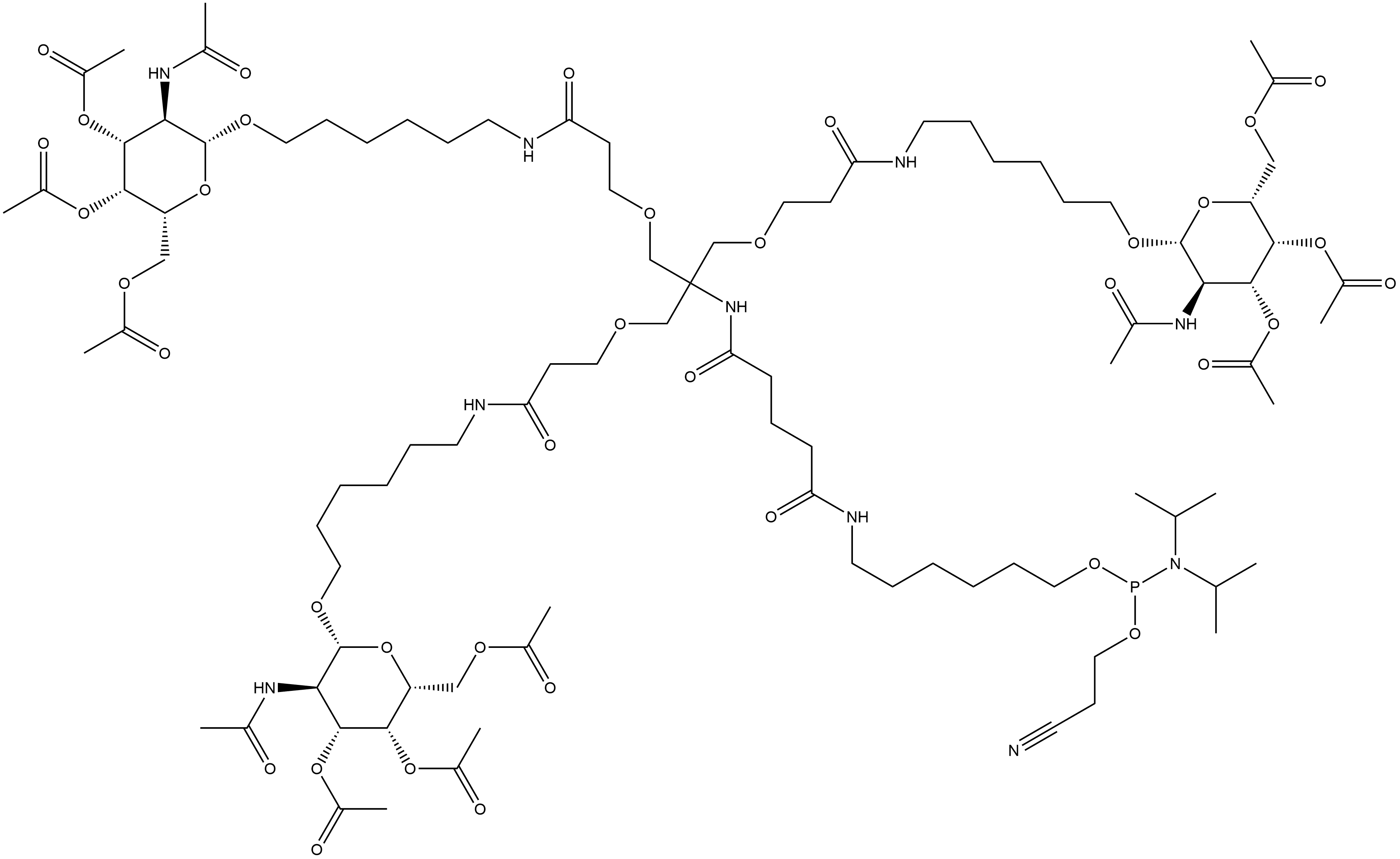 Phosphoramidous acid, N,N-bis(1-methylethyl)-, 2-cyanoethyl 8,12,19-trioxo-14,14-bis[[3-oxo-3-[[6-[[3,4,6-tri-O-acetyl-2-(acetylamino)-2-deoxy-β-D-galactopyranosyl]oxy]hexyl]amino]propoxy]methyl]-26-[[3,4,6-tri-O-acetyl-2-(acetylamino)-2-deoxy-β-D-galactopyranosyl]oxy]-16-oxa-7,13,20-triazahexacos-1... Struktur