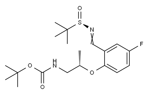 tert-butyl ((S)-2-(2-((E)-(((S)-tert-butylsulfinyl)imino)methyl)-4-fluorophenoxy)propyl)carbamate 结构式