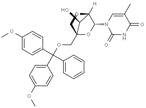 1-[5'-O-(4,4'-Dimethoxytrityl)-2-O,4-C-methylene-beta-D-ribofuranosyl]-5-methyluracil Structure