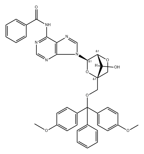 Benzamide, N-[9-[2,5-anhydro-4-C-[[bis(4-methoxyphenyl)phenylmethoxy]methyl]-α-L-lyxofuranosyl]-9H-purin-6-yl]- Structure