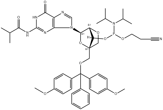 DMTr-LNA-G(iBu)-3'-CED-phosphoramidite 结构式