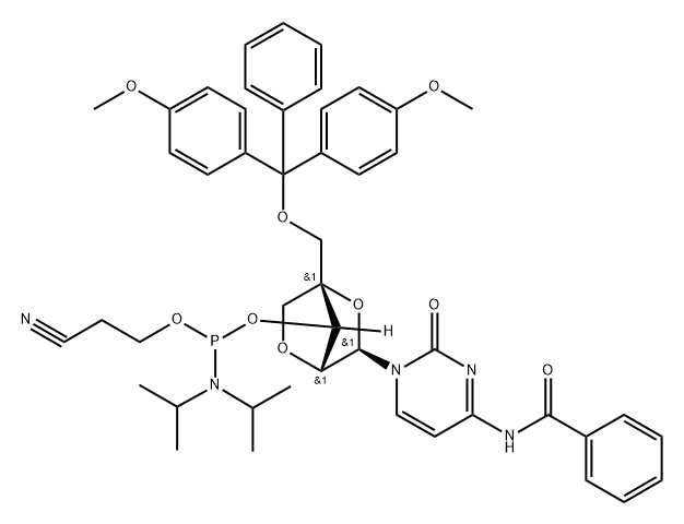 Cytidine, N-benzoyl-5'-O-[bis(4-methoxyphenyl)phenylmethyl]-2'-O,4'-C-methylene-, 3'-[2-cyanoethyl bis(1-methylethyl)phosphoramidite] (9CI) Structure
