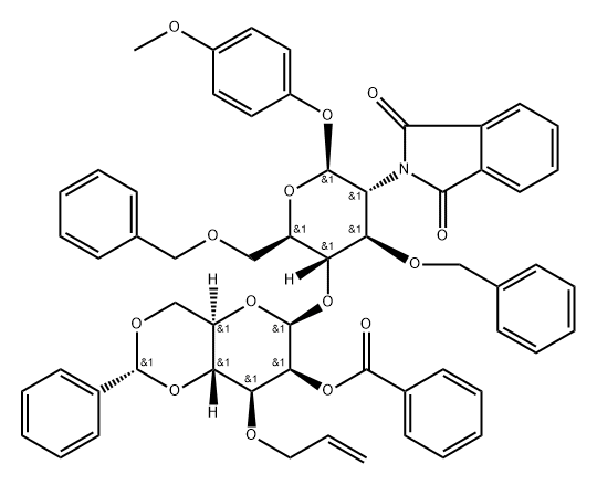 4-甲氧基苯基 4-O-[2-O-苯甲酰基-4,6-O-[(R)-苯基亚甲基]-3-O-2-丙烯-1-基-Β-D-吡喃甘露糖基]-2-脱氧-2-(1,3-二氢-1,3-二氧代-2H-异吲哚-2-基)-3,6-双-O-(苯甲基)-Β-D-吡喃葡萄糖苷,2064311-96-0,结构式