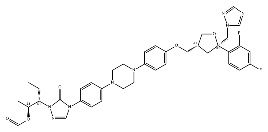 D-threo-Pentitol, 2,5-anhydro-1,3,4-trideoxy-2-C-(2,4-difluorophenyl)-4-[[4-[4-[4-[1-[(1S,2S)-1-ethyl-2-(formyloxy)propyl]-1,5-dihydro-5-oxo-4H-1,2,4-triazol-4-yl]phenyl]-1-piperazinyl]phenoxy]methyl]-1-(1H-1,2,4-triazol-1-yl)- Structure