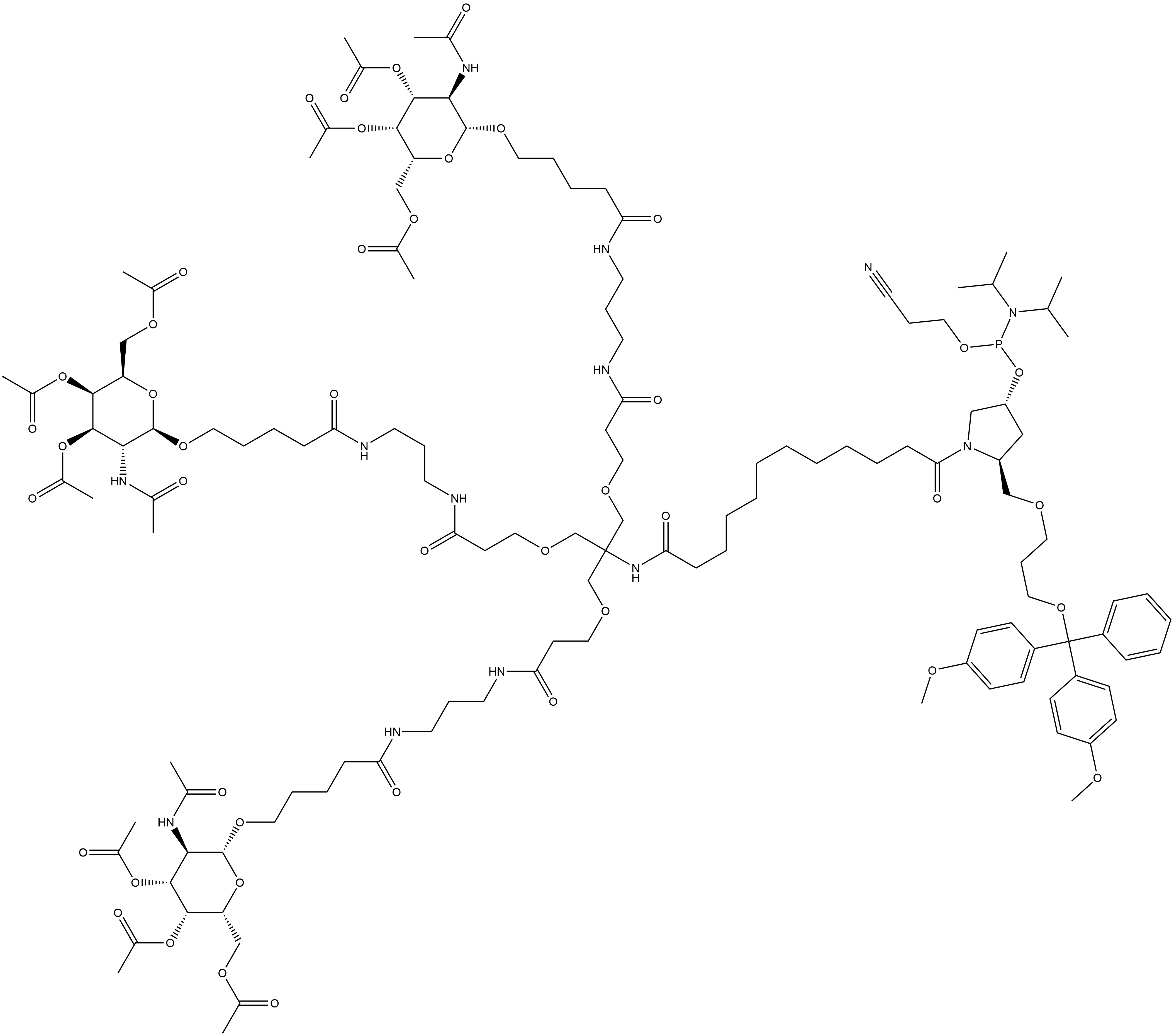 (3R,5S)-5-[[3-[Bis(4-methoxyphenyl)phenylmethoxy]propoxy]methyl]-1-[1,12,19,25-tetraoxo-14,14-bis[[3-oxo-3-[[3-[[1-oxo-5-[[3,4,6-tri-O-acetyl-2-(acetylamino)-2-deoxy-β-D-galactopyranosyl]oxy]pentyl]amino]propyl]amino]propoxy]methyl]-29-[[3,4,6-tri-O-acetyl-2-(acetylamino)-2-deoxy-β-D-galactopyranosyl]oxy]-16-oxa-13,20,24-triazanonacos-1-yl]-3-pyrrolidinyl 2-cyanoethyl N,N-bis(1-methylethyl)phosphoramidite Structure